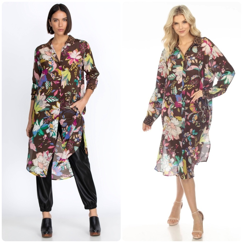 New! Johnny Was Arabella Relaxed Overshirt Tunic Leopard Floral Silk Dress 🤎 S